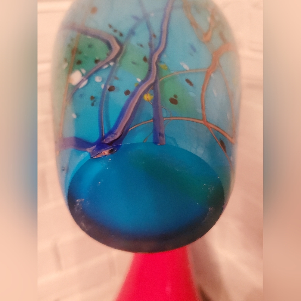 Postmodern Vintage 90s hand blow Studio Art Glass aque blue abstract vase - Picture 15 of 16